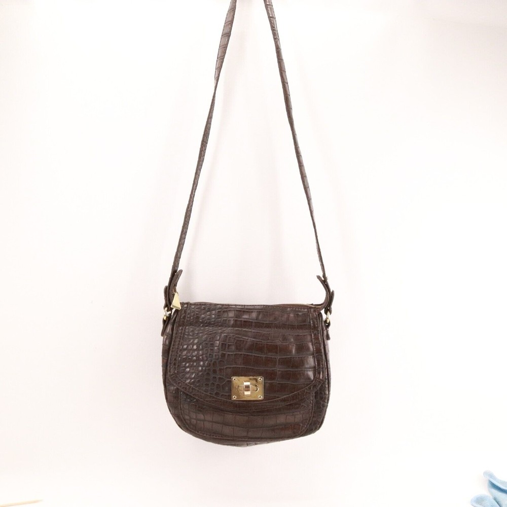 Liz Claiborne Handbag Women Brown Leather Croc Faux Leather Shoulder Saddle Bag